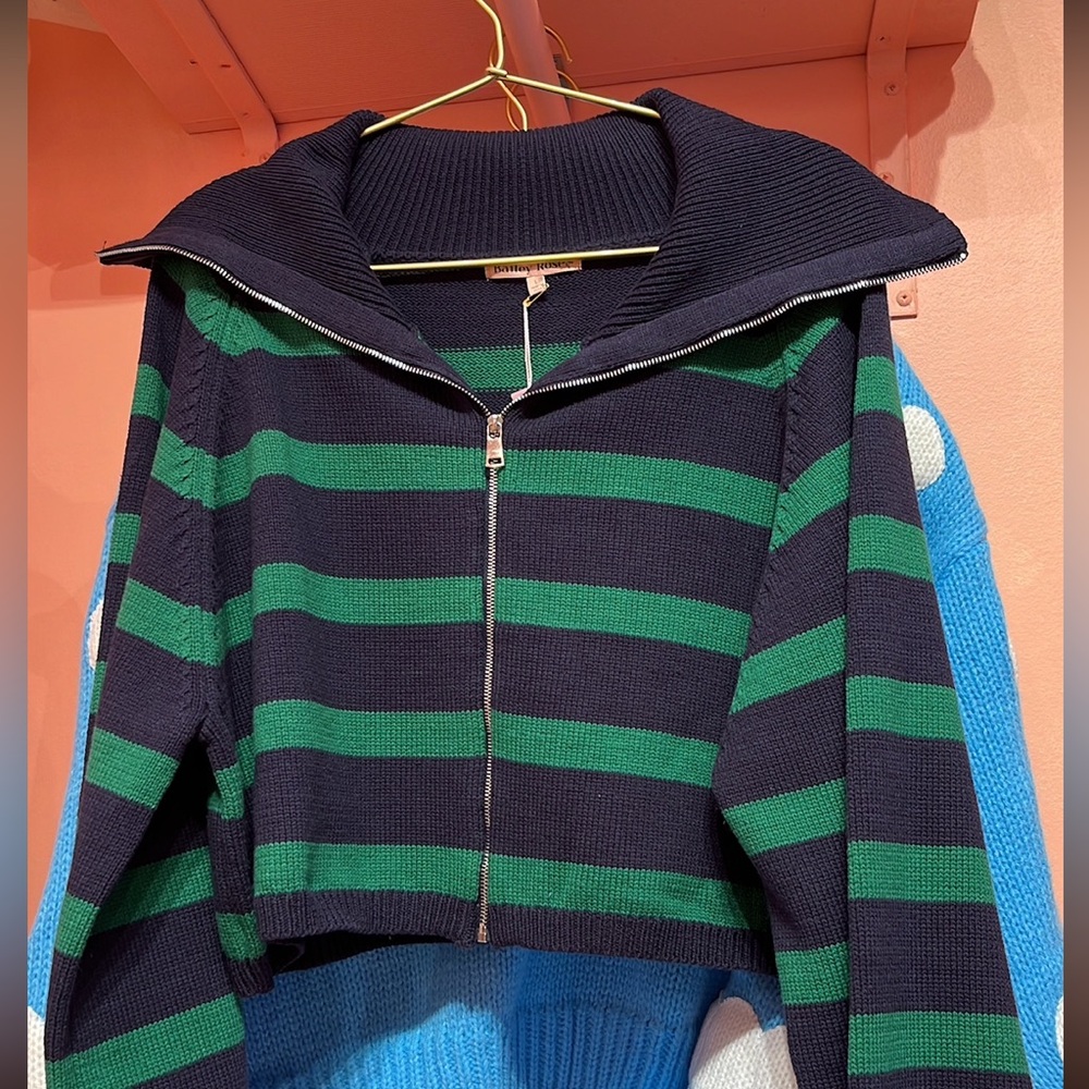 Striped green and black cropped zip up